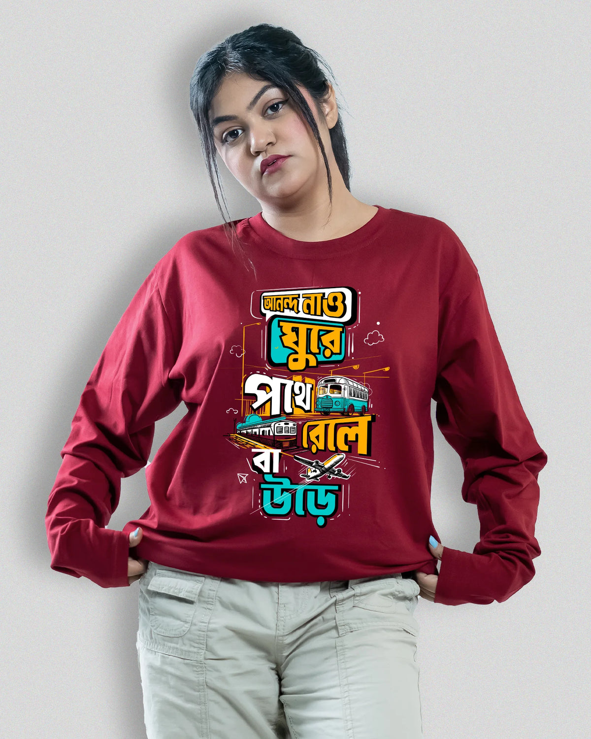 Anondo Nao | Bong Full sleeve T-shirt | Maroon